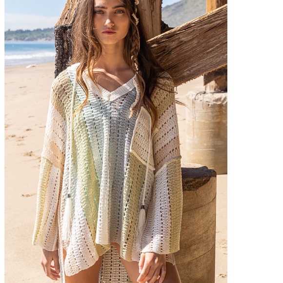 POL CLOTHING Knit stripe hoodie bikini cover up beach hoodie sweater white vneck - Picture 3 of 11